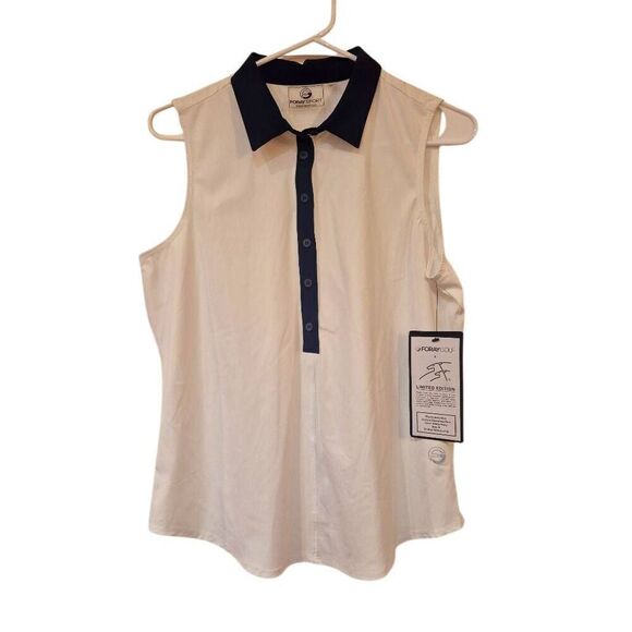 Foray Golf Women's White & Navy Nylon/Spandex Core Sleeveless Polo Shirt NEW - Picture 2 of 14